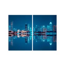 Kit 2 Quadros Tela Canvas Lago Prédios Luzes Reflexo Cidade