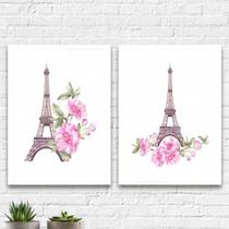 Kit 2 Quadros Torre Eiffel Floral 24x18cm - com vidro