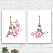 Kit 2 Quadros Torre Eiffel Floral 33X24Cm Moldura Branca