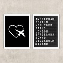 Kit 2 Quadros Travel Placa De Aeroporto 45X34Cm - Com Vidro