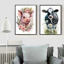 Kit 2 Quadros Vaquinha e Porquinho Floral 24x18cm - com vidro Kit 2 Quadros Vaquinha e Porquinho Floral 24x18cm - com vidro