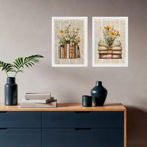 Kit 2 Quadros Vintage Livros Com Flores do Campo 33x24cm