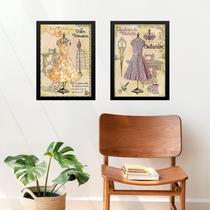 Kit 2 Quadros Vintage Moda Manequins - Vestidos 45x34cm - com vidro