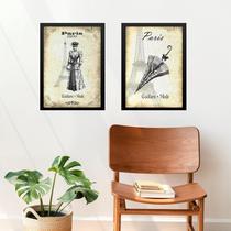 Kit 2 Quadros Vintage Paris - Moda Antiga 45x34cm - com vidro