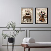 Kit 2 Quadros Vintage Piano E Violino - Flores 33x24cm - com vidro