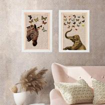Kit 2 Quadros Zebra e Elefante Com Borboletas 45x34cm Kit 2 Quadros Zebra e Elefante Com Borboletas 45x34cm