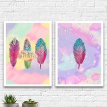 Kit 2 Quadros Zen Penas Hapiness 33X24Cm Moldura Branca