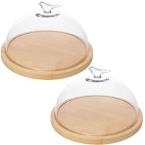 Kit 2 Queijeiras 20cm Vidro Base Bambu Porta Frios Bird Wolff Mesa Posta Boleira