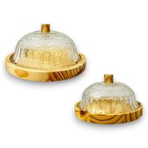 Kit 2 Queijeiras Artesanais Rústica Boho Chic Madeira Vidro