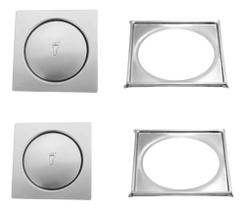 Kit 2 Ralo Click 15x15 + 2 Porta Grelha Quadrado Inox Banheiro