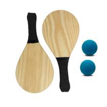 Kit 2 Raquete Madeira Frescobol Praia e 2 Bolas Borracha