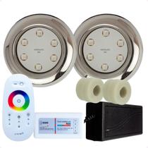 Kit 2 Refletores HIDRAMAX SMALL 9w RGB Inox + 2 Adapt. 50mm + Comando Chinês + Fonte 5a