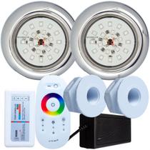 Kit 2 Refletores Led 18w RGB Inox e Comando para Iluminação Piscina Fibra