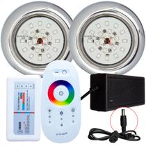 Kit 2 Refletores Led 18w RGB Inox e Comando para Iluminação Piscina