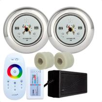 Kit 2 Refletores Led 9w RGB Inox S e Adaptadores Cano 50mm e Comando para Iluminação Piscina