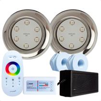 Kit 2 Refletores Led 9w RGB Inox S e Comando para Iluminação Piscina Fibra