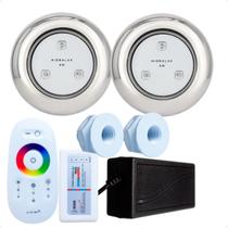 Kit 2 Refletores Led 9w RGB Inox S e Comando para Iluminação Piscina Fibra