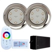 Kit 2 Refletores Led 9w RGB Inox S e Comando para Iluminação Piscina Kit 2 Refletores Led 9w RGB Inox S e Comando para Iluminação Piscina
