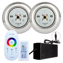Kit 2 Refletores Led 9w RGB Inox S e Comando para Iluminação Piscina