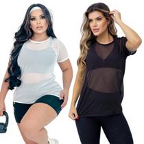 Kit 2 Regatas Camiseta Tule Academia Fitness Feminino Blusa Preto e Branco