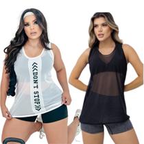 Kit 2 Regatas Camiseta Tule Academia Fitness Feminino Blusa Preto e Branco