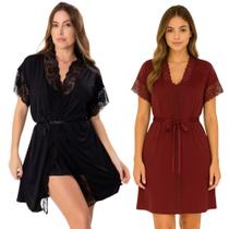 Kit 2 Robe Romantic Renda Hobby Feminino Roupão Confortável Linha Noite Noiva
