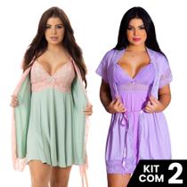 Kit 2 Robes Roupão e 2 Camisolas Amamentação Pós Parto Liso Com Renda Maternidade