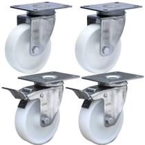 Kit 2 Rodízios Série 12 Inox Placa 101mm Nylon 170kg Sem Freio + 2 Rodízios Com Freio - Colson