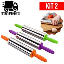 Kit 2 Rolo de Massa Macarrão Pão Pizza Giratório Inox Profissional para Cozinha