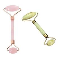 KIT 2 Rolos Massageador Facial Pedra Quartzo Rosa + Pedra Jade