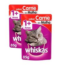 Kit 2 Saches Petisco Ração Úmida whiskas gato sabor Carne ao molho 85g