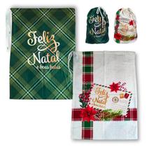 Kit 2 Sacos de Presente Natalinos Tecido Xadrez 57x40cm com Cordão e Frase Feliz Natal