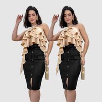 Kit 2 Saia Feminina Midi material ecológico Fenda Tendência