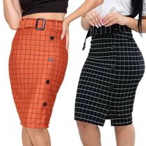 Kit 2 Saias Evangélica Quadriculada Com Botões Midi Ponto Roma