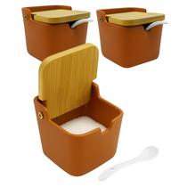 Kit 2 Saleiro Cerâmica Com Colher Porta Condimento Tampa De Bambu Kit 2 Saleiro Cerâmica Com Colher Porta Condimento Tampa De Bambu
