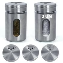 Kit 2 Saleiro Pimenteiro Paliteiro De Mesa Aço Inox E Vidro Porta Sal Temperos Condimentos Com Visor Ajuste Gramatura - Uny Gift