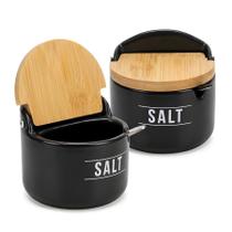 Kit 2 Saleiro Porcelana Colher Porta Condimento Tampa Bambu