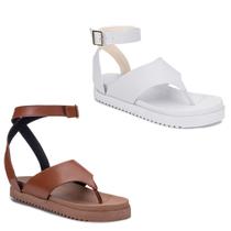 Kit 2 Sandália Feminina Luxo Flat Tiras Chinelo Plataforma Confortável Da Moda Branco e Caramelo