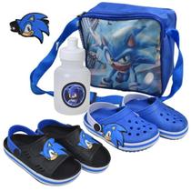 Kit 2 Sandálias Babuche E Mochila Infantil Com Squeeze Sonic