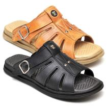 Kit 2 Sandálias Masculinas Couro Solado Borracha Leve Macio Kit 2 Sandálias Masculinas Couro Solado Borracha Leve Macio