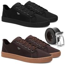 Kit 2 Sapatênis Masculino Casual Preto e Marrom Confortável Antiderrapante Básico com Cinto