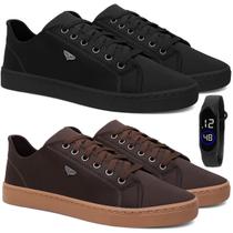 Kit 2 Sapatênis Masculino Casual Preto e Marrom Confortável Antiderrapante Básico com Relógio Digital