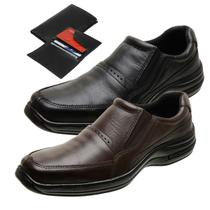 Kit 2 Sapatos Casual Social Masculino de Couro Pala Com Elástico Ortopédico + Carteira