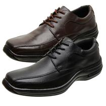 Kit 2 Sapatos Conforto Ortopédico de Couro Cadarço Ajustável Solado Costurado Masculino
