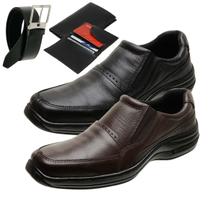 Kit 2 Sapatos Ortopédico Masculino Casual em Couro Solado Borracha Costurado + Carteira + Cinto
