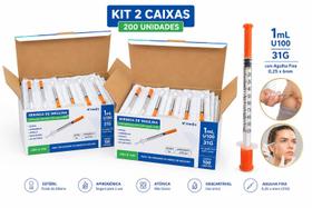 Kit 2 Seringas de Insulina 1ml U100 31G com Agulha Fixa 0,25x6mm 200 Unidades
