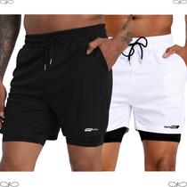 Kit 2 short 2 em 1 bermuda academia corrida treino fitness proteção uv 1Branco 1 Preto
