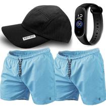 Kit 2 Short Masculino Tactel Piscina Praia Bermuda de Academia Corrida MP + Boné Dry Fit + Relógio