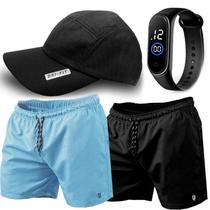 Kit 2 Short Masculino Tactel Piscina Praia Bermuda de Academia Corrida MP + Boné Dry Fit + Relógio