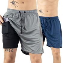 Kit 2 Shorts Cinza e Azul-Marinho 2x1 Premium de Corrida Masculino Dry-Fit Academia com Bolso Invisivel para Celular Luta Musculação Bermuda Dupla